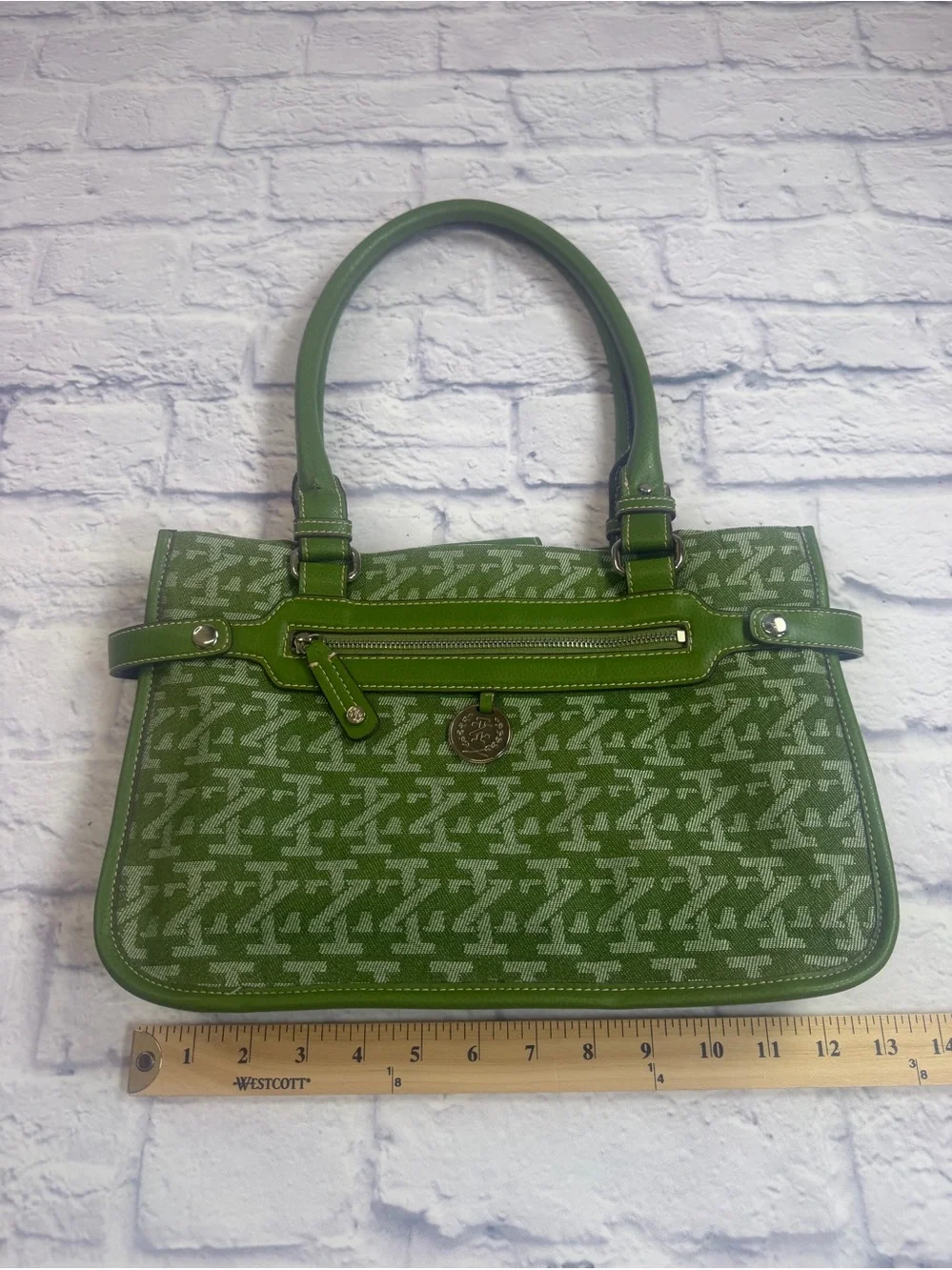 Vintage Izod Monogram Canvas and Leather Trim Green Hobo/Satchel Bag.